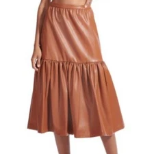 STAUD Orchid Vegan Leather Tiered Midi Skirt Women's Size 6 Banded Waist