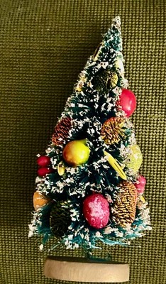 VTG Made in Japan 9  Bottle Brush Christmas Tree Metallic Flocking Comes , Fruit