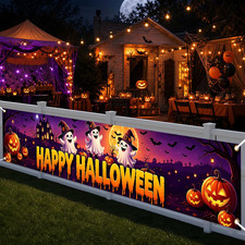 Halloween Yard Banner, Orange Purple Ghost Pumpkin Moon Castle Happy Halloween P