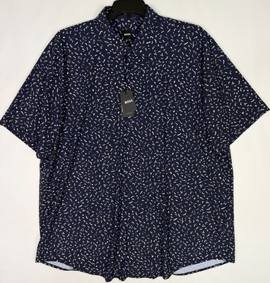 Hugo Boss Roan Performance Shirt Men's 3XL Dark Navy Blue Print S/S $158 NWT