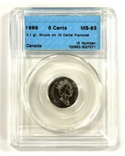 1999 Canada 5 Cents, MINT ERROR, Struck on 2.1 g 10 Cent Planchet - PCGS MS63