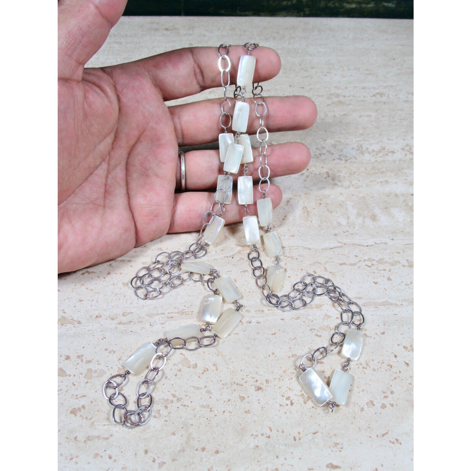 LONG VTG STERLING SILVER CHAIN RECTANGULAR MOTHER… - image 2