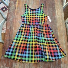 ModCloth Optimistic Effect Rainbow Gingham Fit  Flare Dress NWOT S 100 Cotton