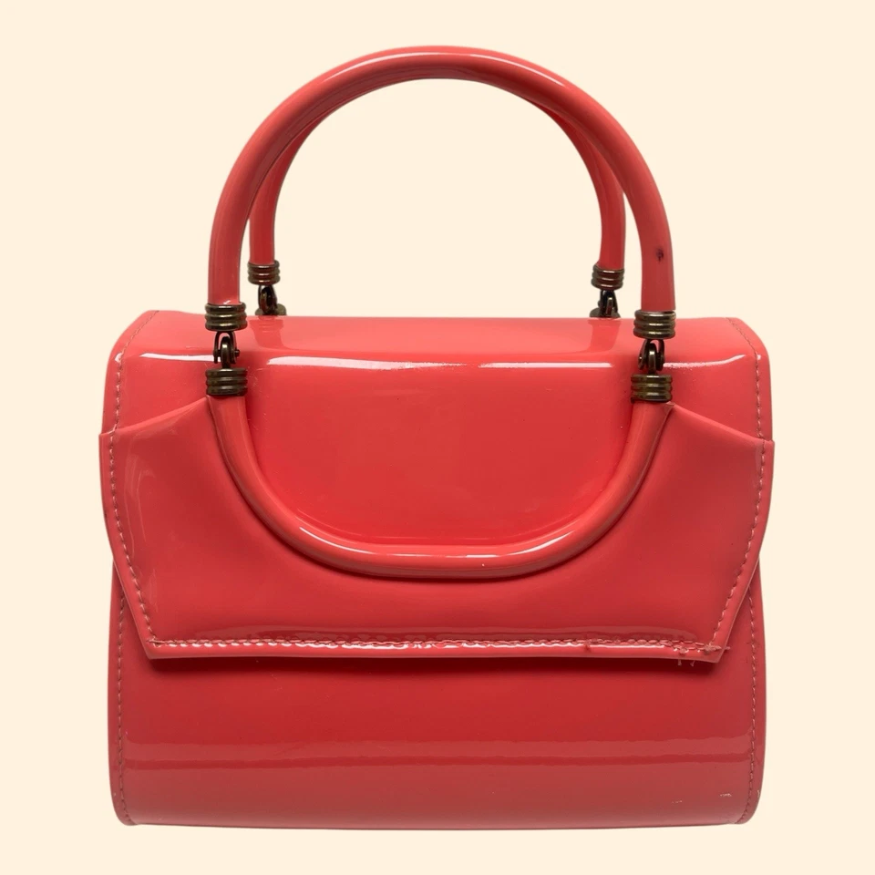 Bolso de mano vintage de charol coralino años 60 marco estructurado cartera de mediados de siglo Foto 2 de 4