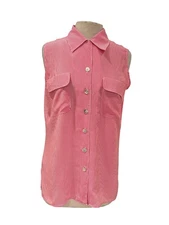 TESS 100% Silk Blouse Women’s M Pink White Striped Sleeveless Button Front Top