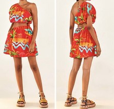 NWT Farm Rio One- Shoulder Cutout Linen Blend Mini Dress, Size L