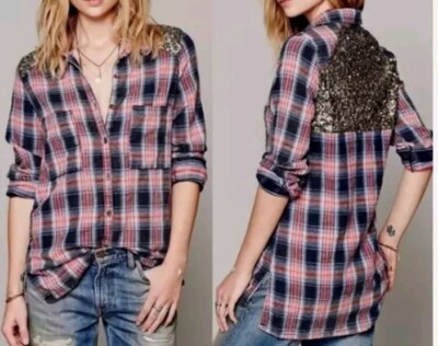Free People Little Bit of Sugar Flannel Sequin Top S Plaid Boho Western Cowgirl
