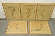 5 Top antique hand coloured Engravings E Meyer 1892 framed angel cherubs 