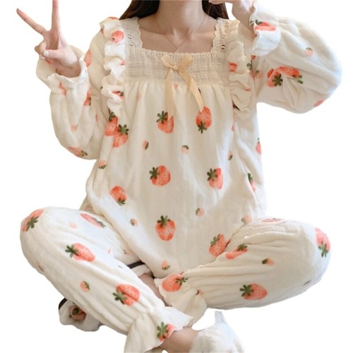 Women Winter Pajamas 2Pcs Square neck Top and Pants Set Floral Flannel Sleepwear - Picture 13 of 28
