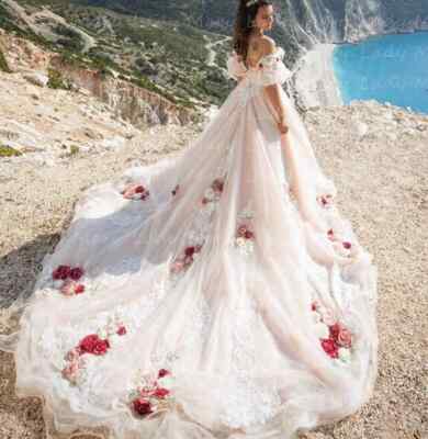 Light Pink Wedding Dresses 3D Floral Lace Applique Bridal Gowns Off The  Shoulder | eBay