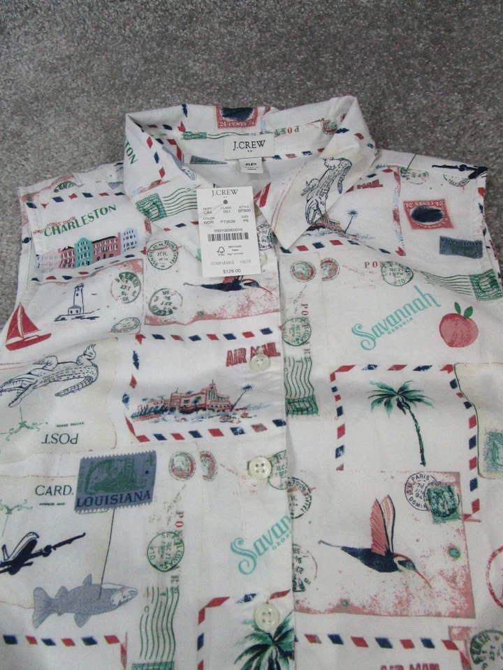 J.Crew Shirt Dress Womens 6 Petite White Green Red Blue Cotton Wrap Blouson New - Image 2 of 4