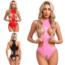 Womens Leotard Latex Bodysuit Back Zipper Catsuit Halter Neck Lingerie Cupless