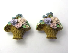 Vintage 2 Quality Made Colorful Pastel Flowers in Basket BUTTON COVERS Pair