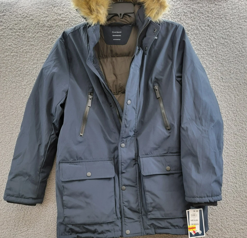 Parka Club Room Chaqueta con Capucha de Piel Sintética Para Hombre M Azul Marino Bolsillos Manga Larga Cremallera a Presión Foto 2 de 4