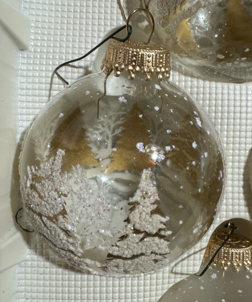 4 Kmart Snow Covered Trees Clear Glass Gold Trees Ornaments eBay