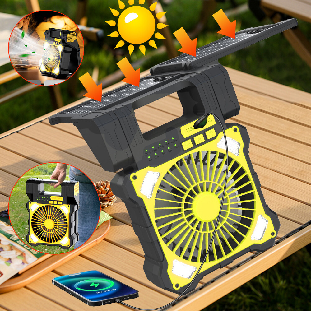 Portable Solar Power Camping Fan USB Rechargeable Variable Speed LED Tent Light
