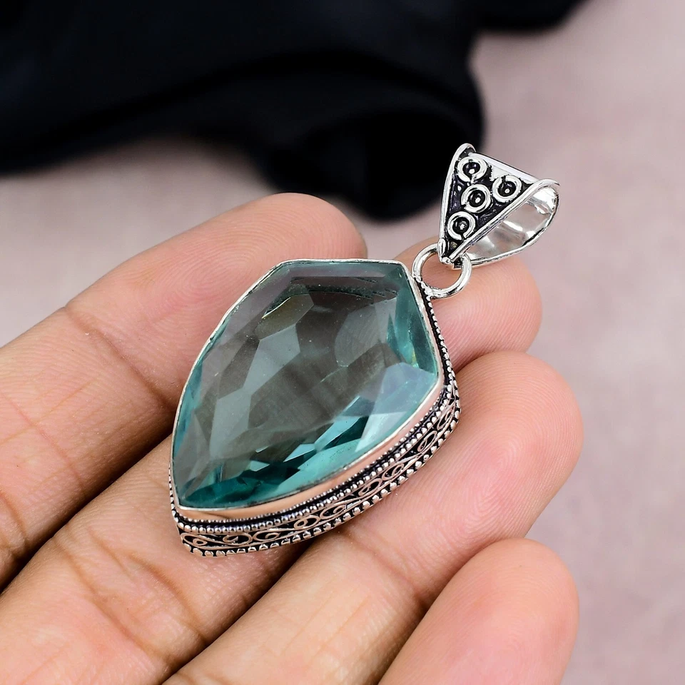 Pingente de pedra preciosa de água-marinha prata esterlina 925 feito à mão joia presente - Imagem 3 de 4
