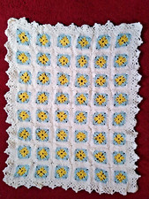 NEW Hand crocheted baby crib blanket - White, Blue, Yellow - approx 26" x 33"