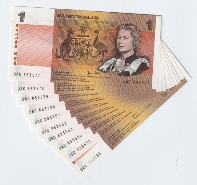 1979 Australia $1 10 Consecutive Banknotes - R77 - Knight / Stone - UNC # 29053