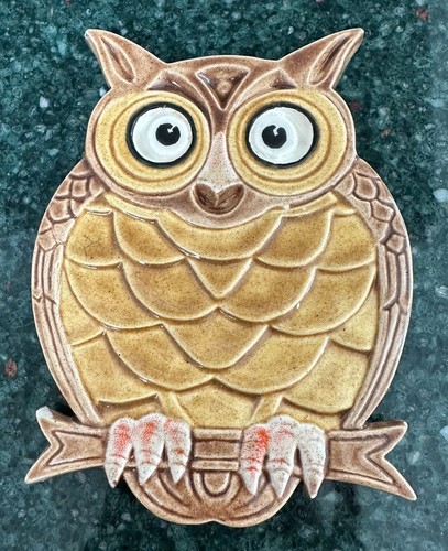 Vtg MCM 70s Handmade Signed Ceramic Brown Footed Owl Trivet Spoon Rest 6" READ