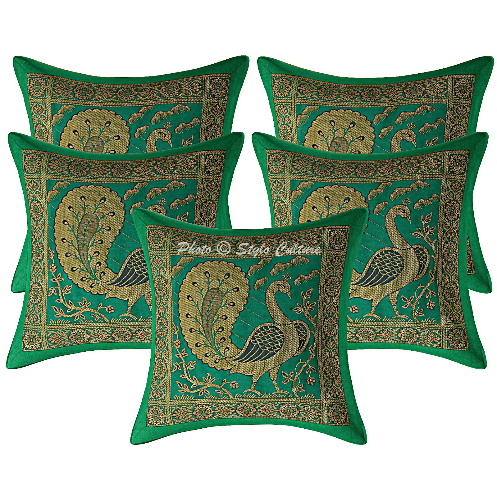 Bohemian Cushion Covers Green 12 x 12 Jacquard Brocade Peacock Throw Pillows