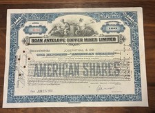 1950 Roan Antelope Kopalnie miedzi Ograniczone zapasy kapitałowe - 100 akcji amerykańskich