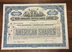 1950 Roan Antelope Copper Mines Limited Capital Stock - 100 American Shares