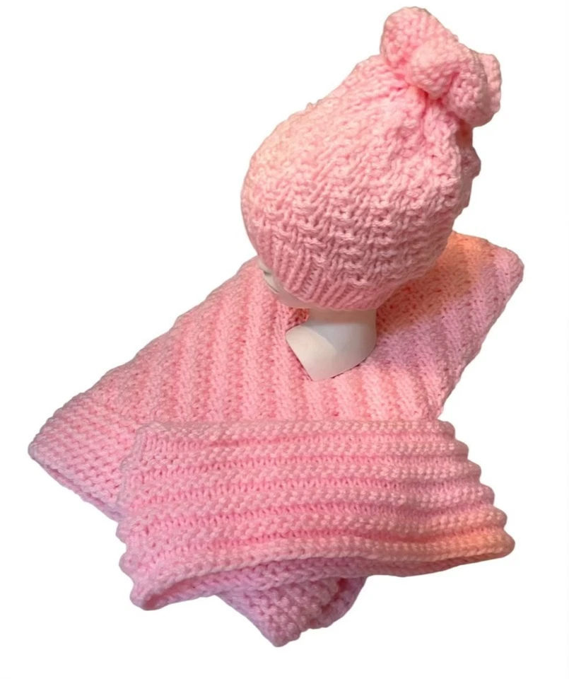 New Knitted Baby Girl Pink Afghan Blanket Hat & Headband for Mom! Handmade Set - Image 2 of 4