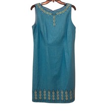 Sag Harbor Linen Rayon Dress Size 8 Blue Sleeveless Embroidered Beaded Sheath