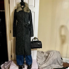 Vtg Y2K Wet Seal Penny Lane Retro Fur Trim Boho Chunky Knit Chic Maxi Cardigan M