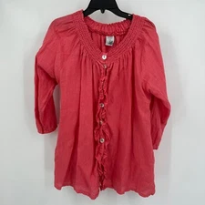 Match Point Women Top L Coral Linen Ruffle Button Front Cottagecore Coastal