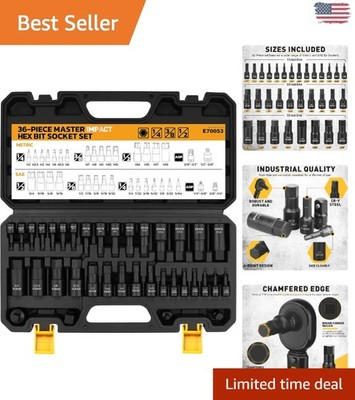 Versatile 36-Piece Cr-V Hex Bit Impact Socket Set with Easy Size Identification