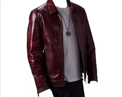 Men's Leather Jacket Burgundy Crocodile Pattern Real Luxury Leather Jacket