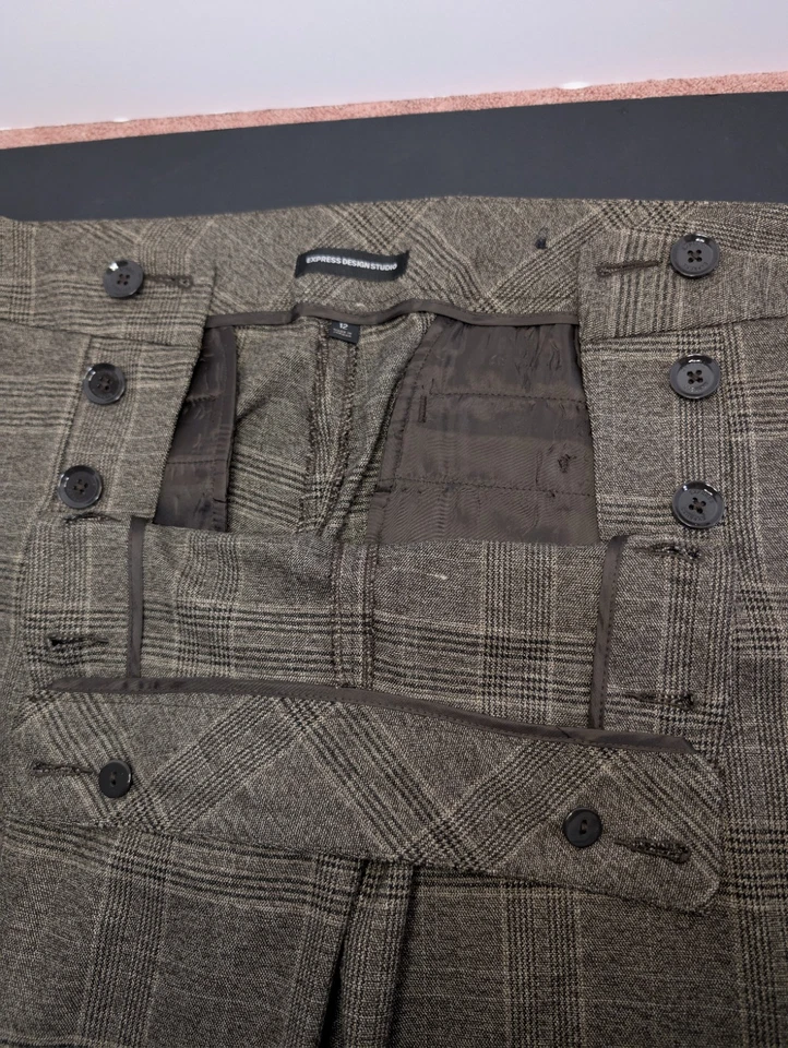 Pantalón de vestir Express para mujer 12 marrón a cuadros acampanado puños pierna marinero Foto 3 de 4