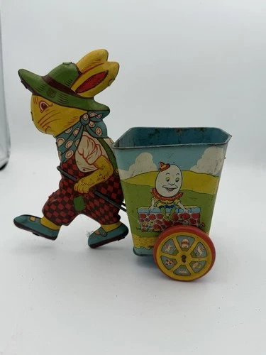 Vintage 1950's J Chein & Co. Easter Bunny Rabbit Pulling Cart Tin Litho Toy