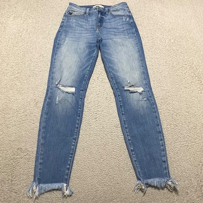 Kancan Womens Jeans sz 27 Blue Denim Skinny Leg Raw Hem Medium Wash Distressed