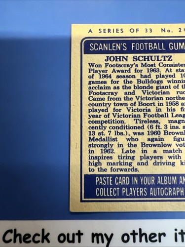 1964 SCANLENS VFL FOOTY CARD John Schultz Footscray No.21 - Picture 6 of 7