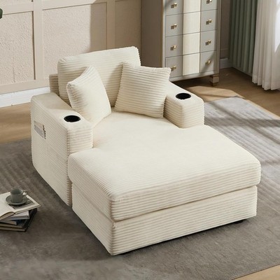 Oversized Corduroy Chaise Lounge Chair Indoor with Cup Holders Reclining Chair