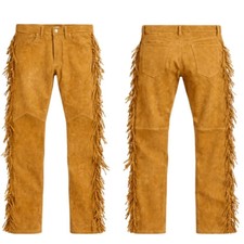 Men Native American Western Cowboy Golden Pants Full Leg Fringe Suede Leather