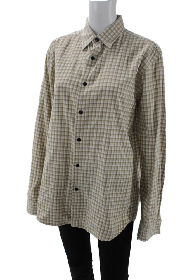 Theory 女式棉质长袖格子印花纽扣上衣裸色 M 码 — 第 2/4 张图片