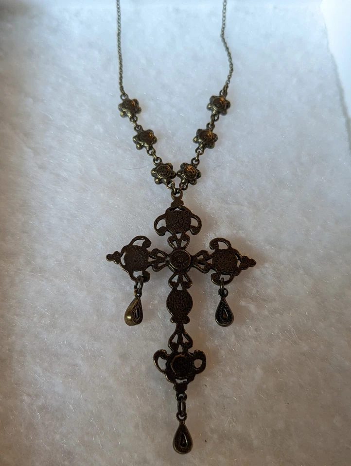 Nicky Butler Cross Pendant Necklace Moonstone  Purple Dangle Bronze Tone France - Image 4 of 4