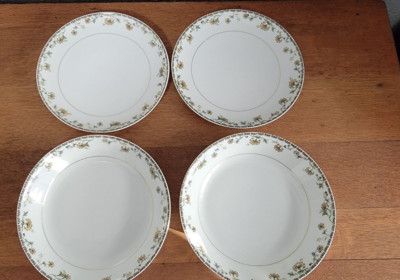 Delicate Haviland Limoges France Set of 2 Plates & 2 Bowls, Green & Gold Floral
