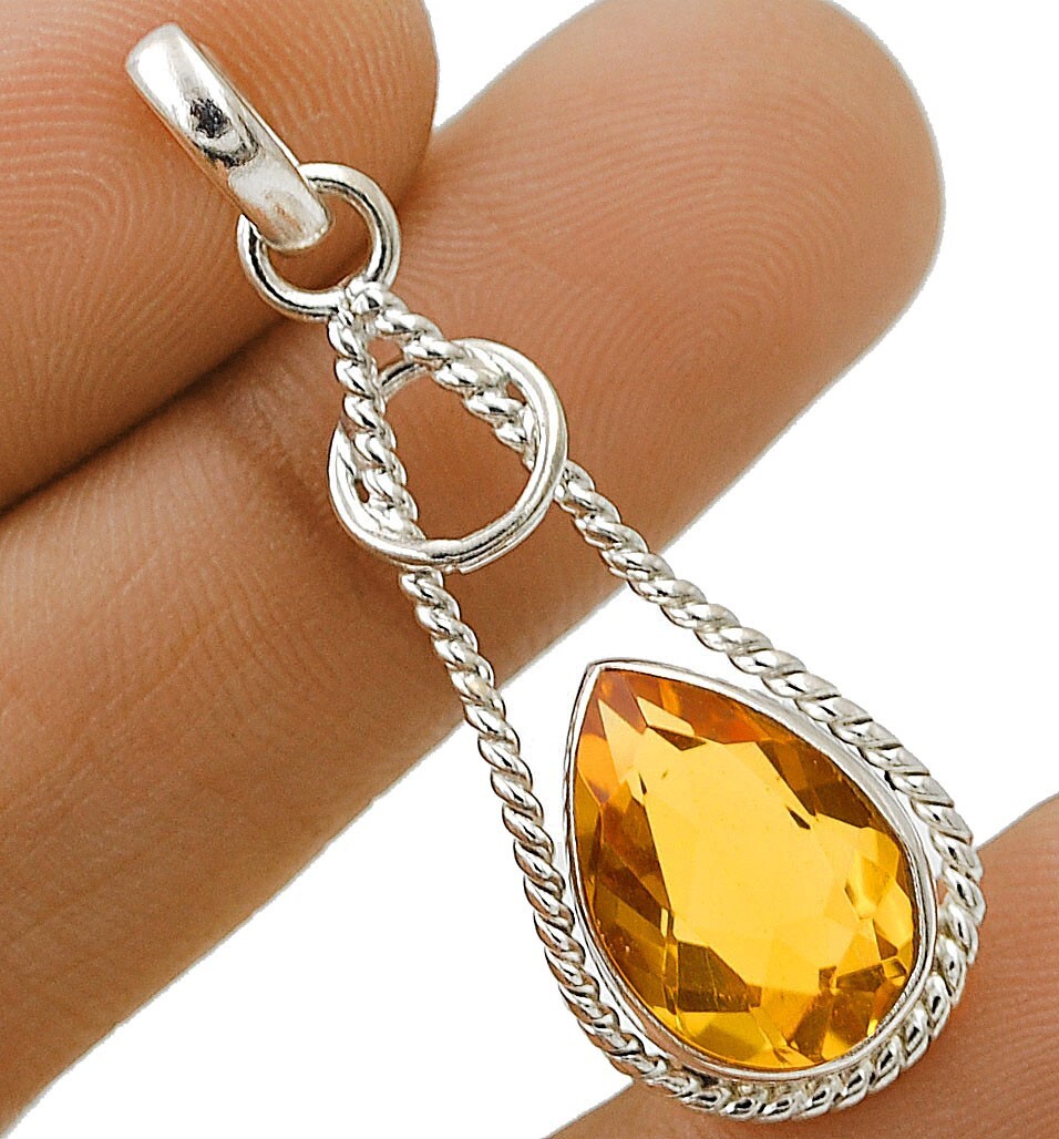 3CT Natural Golden Citrine Sterling Silver Pendant 1.5 Inch