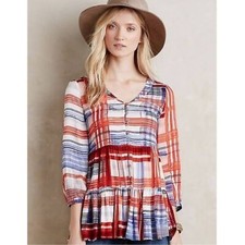 Anthropologie Maeve Lila Tiered Plaid Tunic Top Blue Red Peasant Boho - Size XS