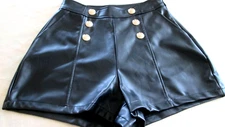 CI SONA BLACK FAUX LEATHER Med SIDE POCKETS SIDE ZIP SHORTS GOLDTONE ACCENTS NWT
