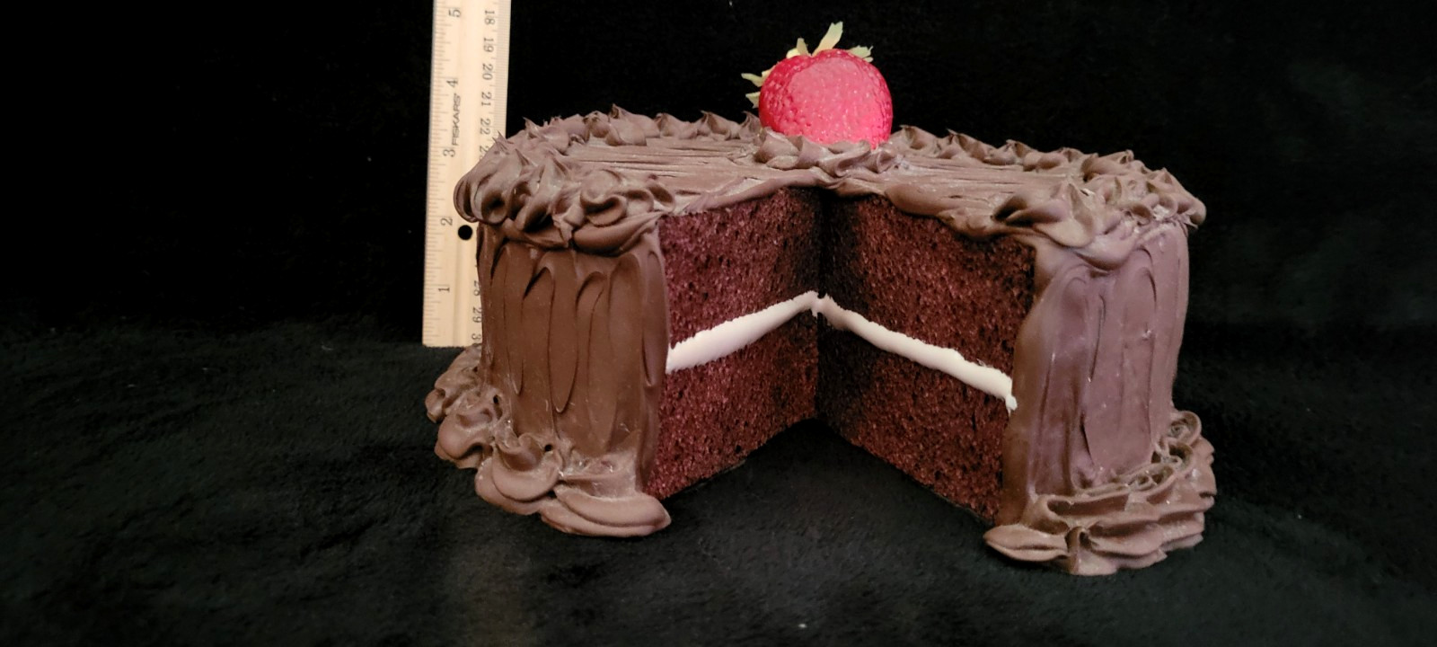 Vintage Fake Food Chocolate Icing Chocolate Slice out Cake with Strawberries 