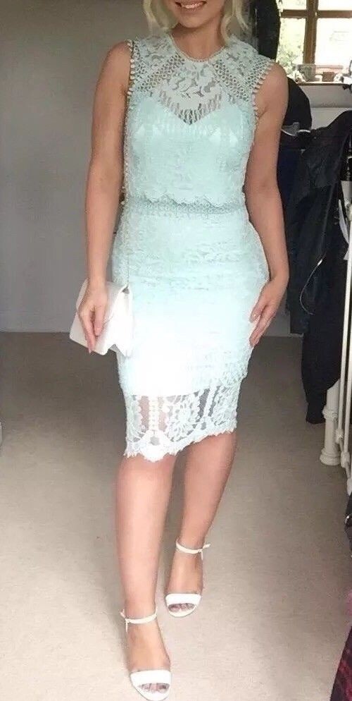 Lipsy VIP Lace Bodycon Dress 10 Green Mint Summer Midi Occasion