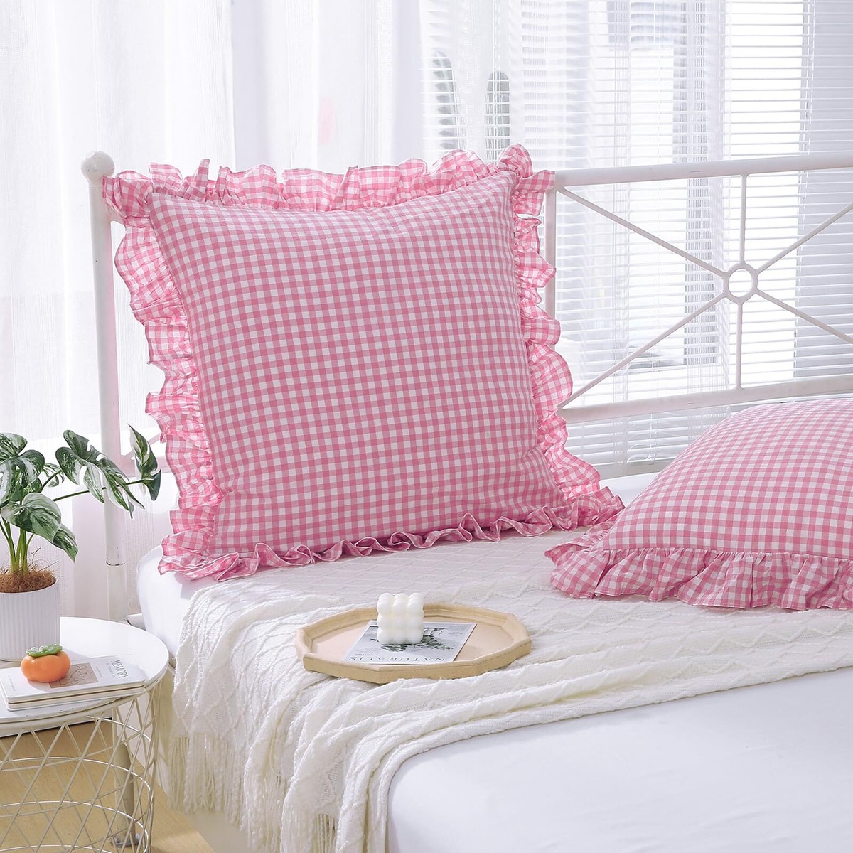2 Pack Pink Plaid Ruffle Euro Pillow Shams 26x26 inches Washed