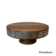 Cake Stand Riser 4.5 High 11 Round Wood Galvanized Metal Band Trim India Made