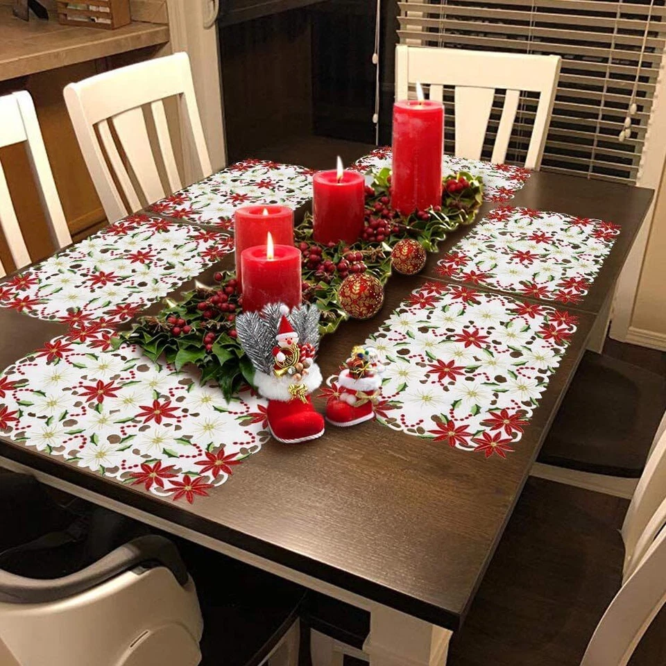 Set of 6 Poinsettia Holly Embroidered Christmas Placemats 12″×17″ Holiday Table - Image 4 of 4